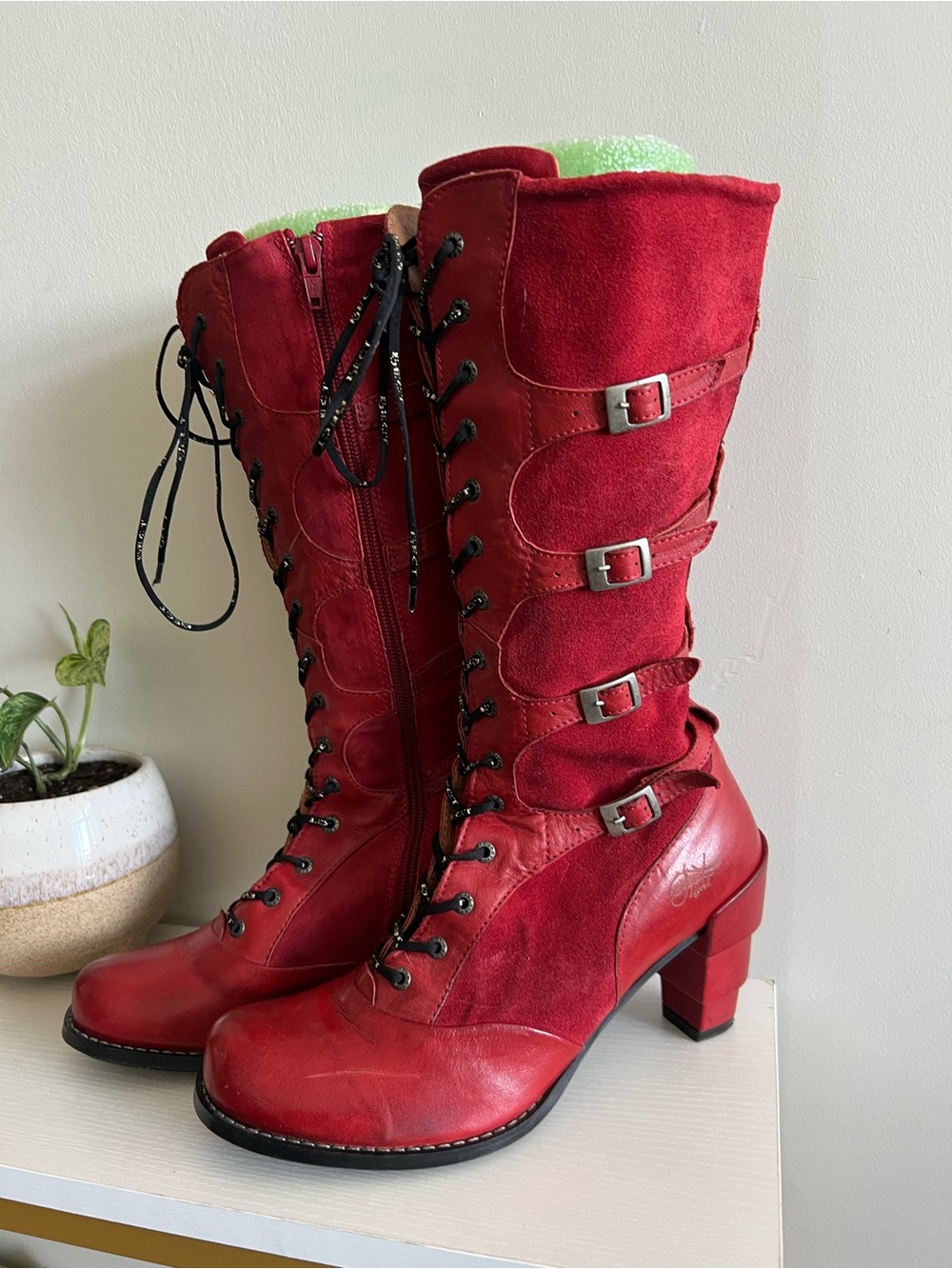 Eject Made in Portugal Red Lace-Up Mid-Calf Women's Boots with Buckle Accents